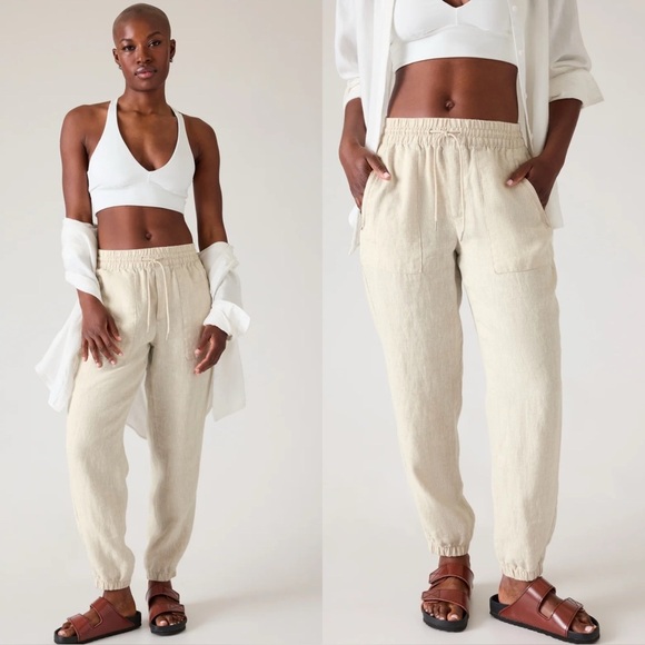 Athleta Retreat Linen High Rise Jogger Pants White Beachy Coastal Travel Size 8 - Picture 1 of 9